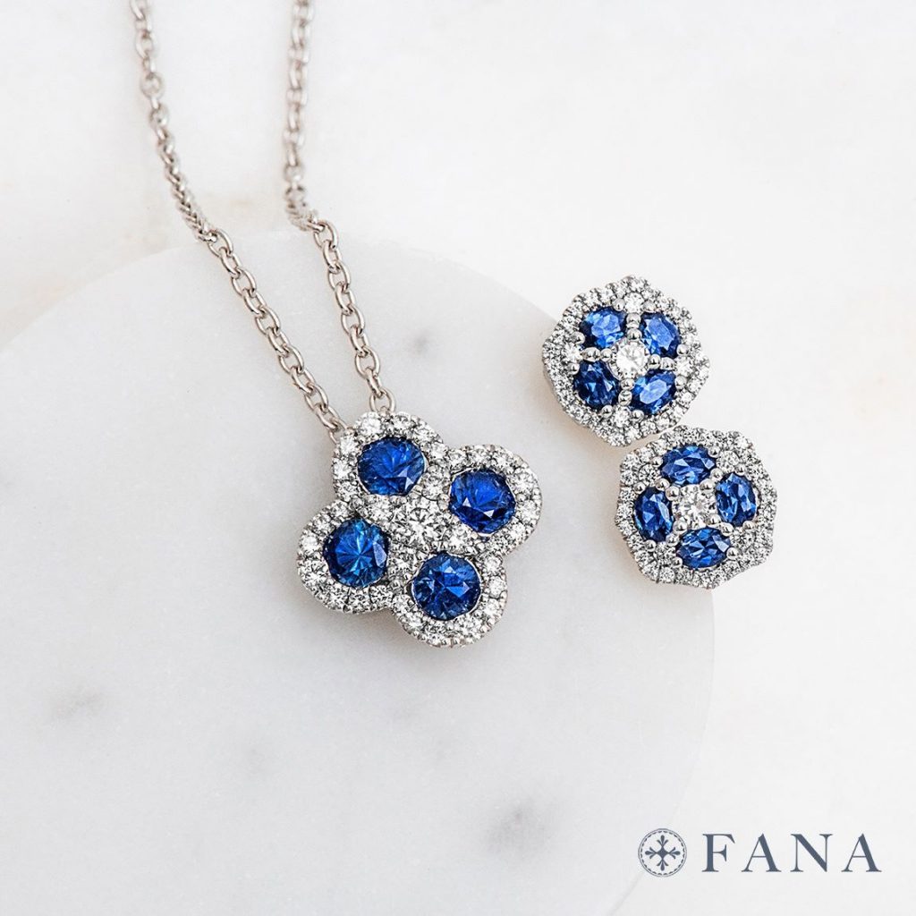 diamond and sapphire Fana earrings and pendant