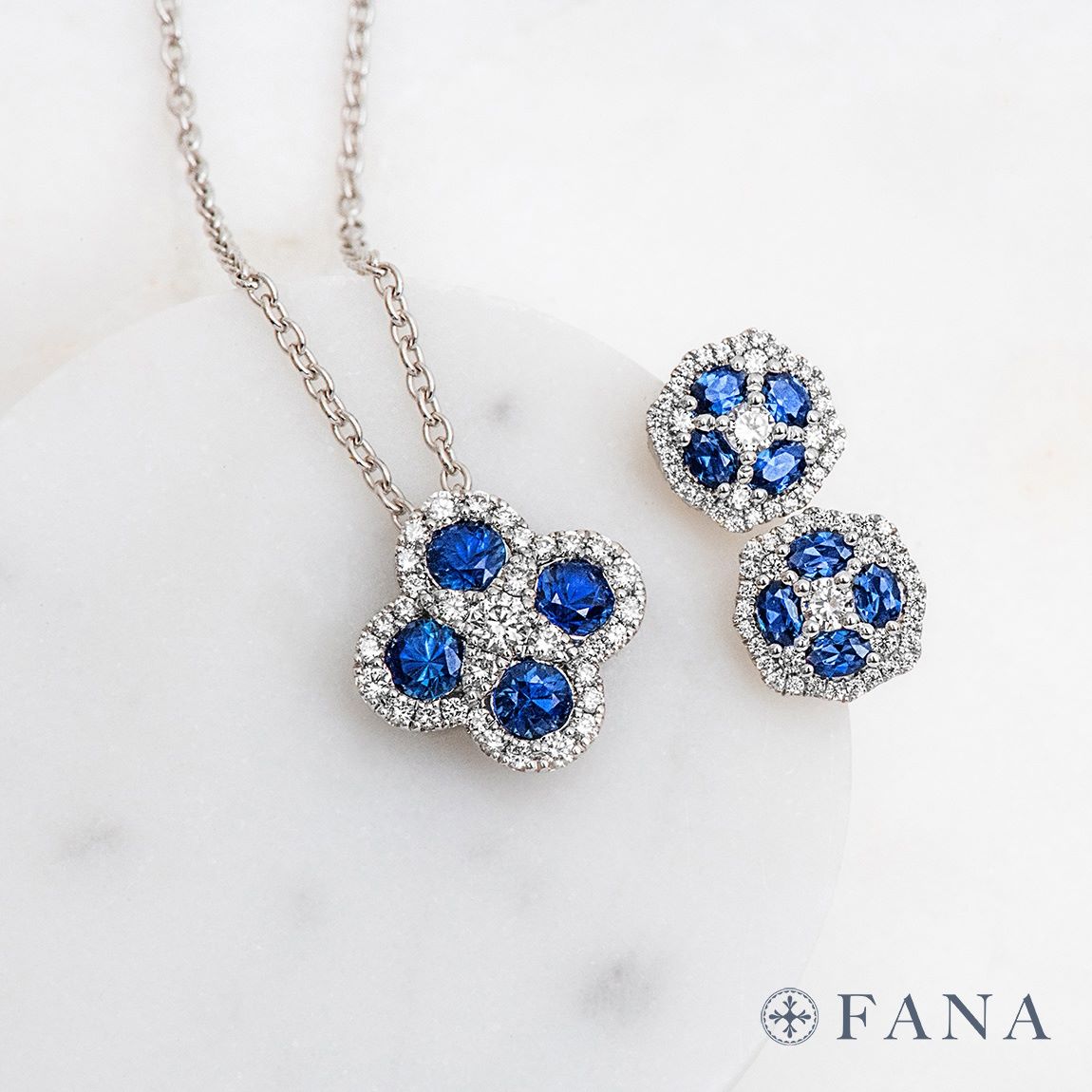 diamond and sapphire Fana earrings and pendant