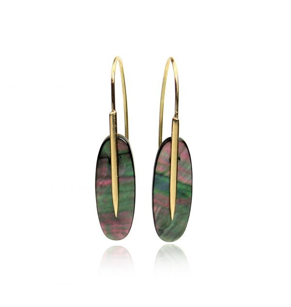 gold, green, and red earrings