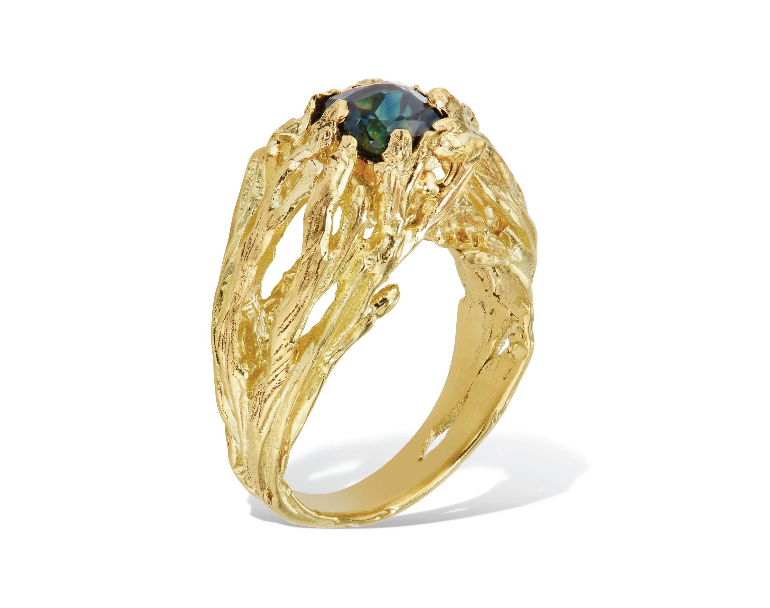 Clio Saskia – Bowerbird Cushion Sapphire Ring, one of a kind – recycled 18ct yellow gold, 1.34ct Australian blue sapphire – Upright White Product Shot edit